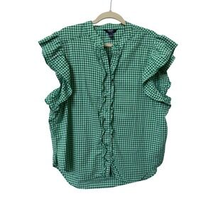 Chaps Womens Green Gingham Ruffle Button Front Flutter Sleeve Blouse XL